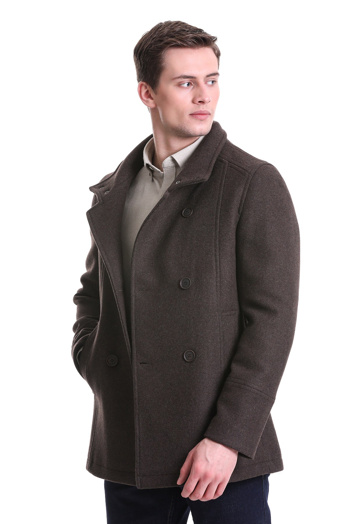 Slim Fit Wool Blend Double-Breasted Brown Peacoat - SAYKI