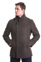 Slim Fit Wool Blend Double-Breasted Brown Peacoat - SAYKI
