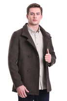 Slim Fit Wool Blend Double-Breasted Brown Peacoat - SAYKI