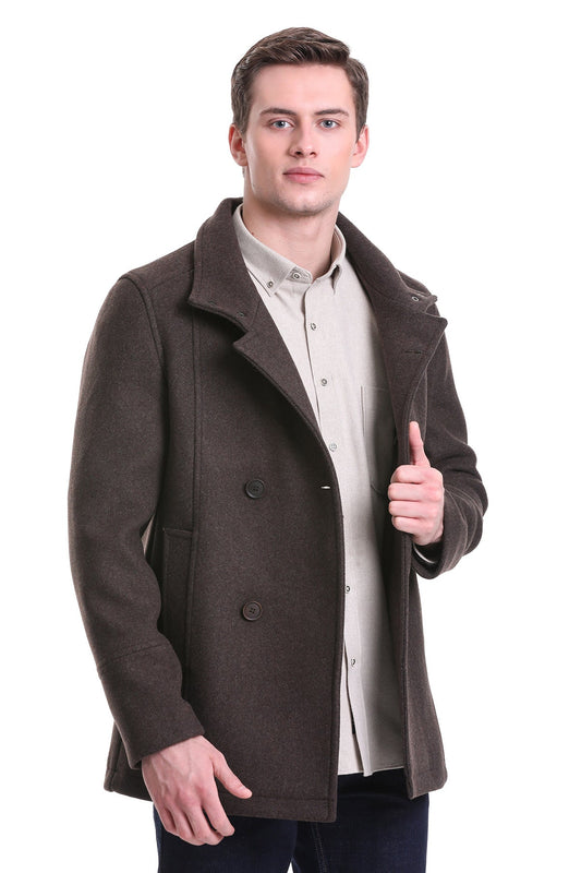 Slim Fit Wool Blend Double-Breasted Brown Peacoat - SAYKI