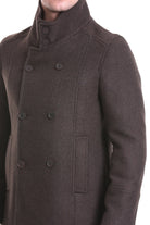 Slim Fit Wool Blend Double-Breasted Brown Peacoat - SAYKI