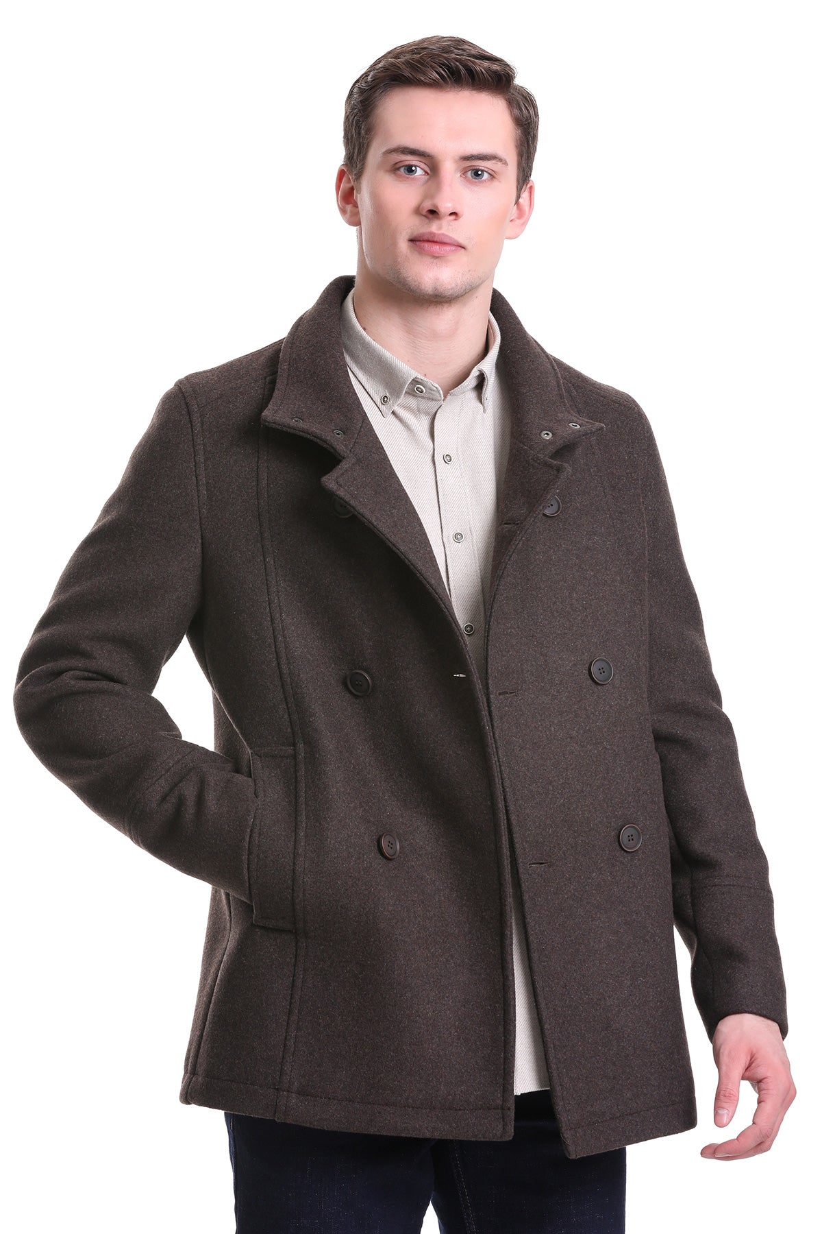 Slim Fit Wool Blend Double-Breasted Brown Peacoat - SAYKI