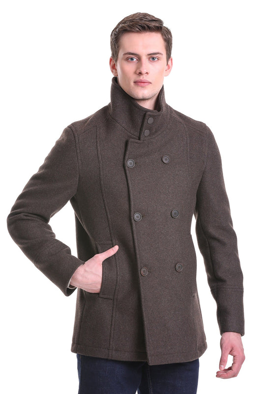 A dark brown woolen double-breasted peacoat with a high collar and matching buttons.