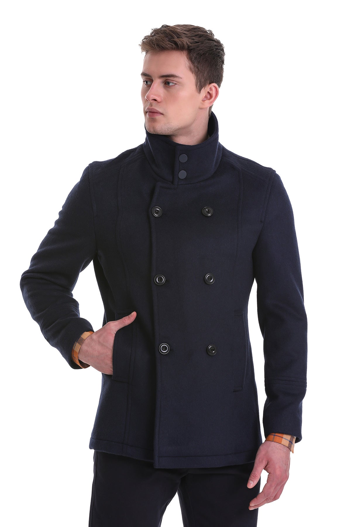 Slim Fit Wool Blend Double-Breasted Navy Peacoat - SAYKI