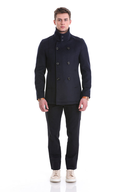 Slim Fit Wool Blend Double-Breasted Navy Peacoat - SAYKI