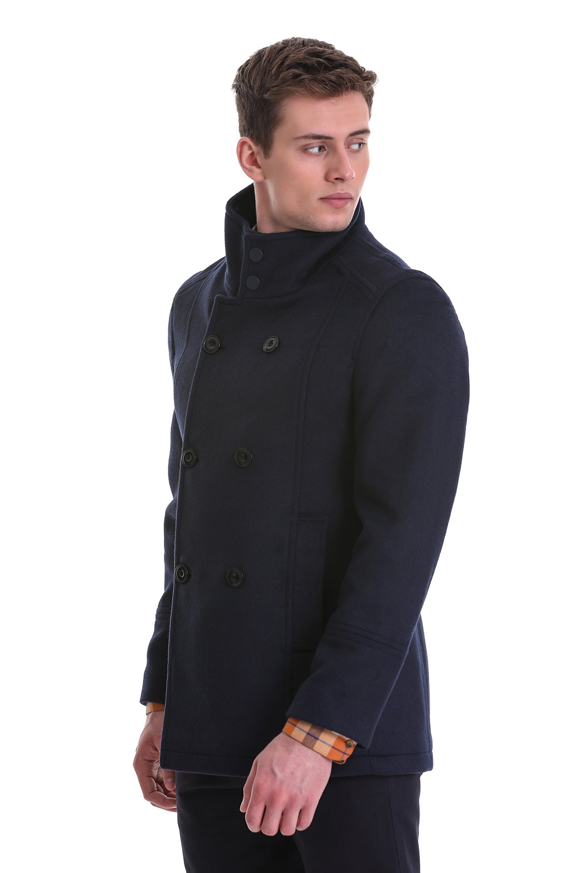 Slim Fit Wool Blend Double-Breasted Navy Peacoat - SAYKI