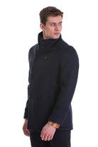 Slim Fit Wool Blend Double-Breasted Navy Peacoat - SAYKI
