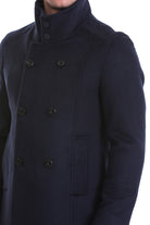 Slim Fit Wool Blend Double-Breasted Navy Peacoat - SAYKI