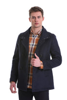 Slim Fit Wool Blend Double-Breasted Navy Peacoat - SAYKI