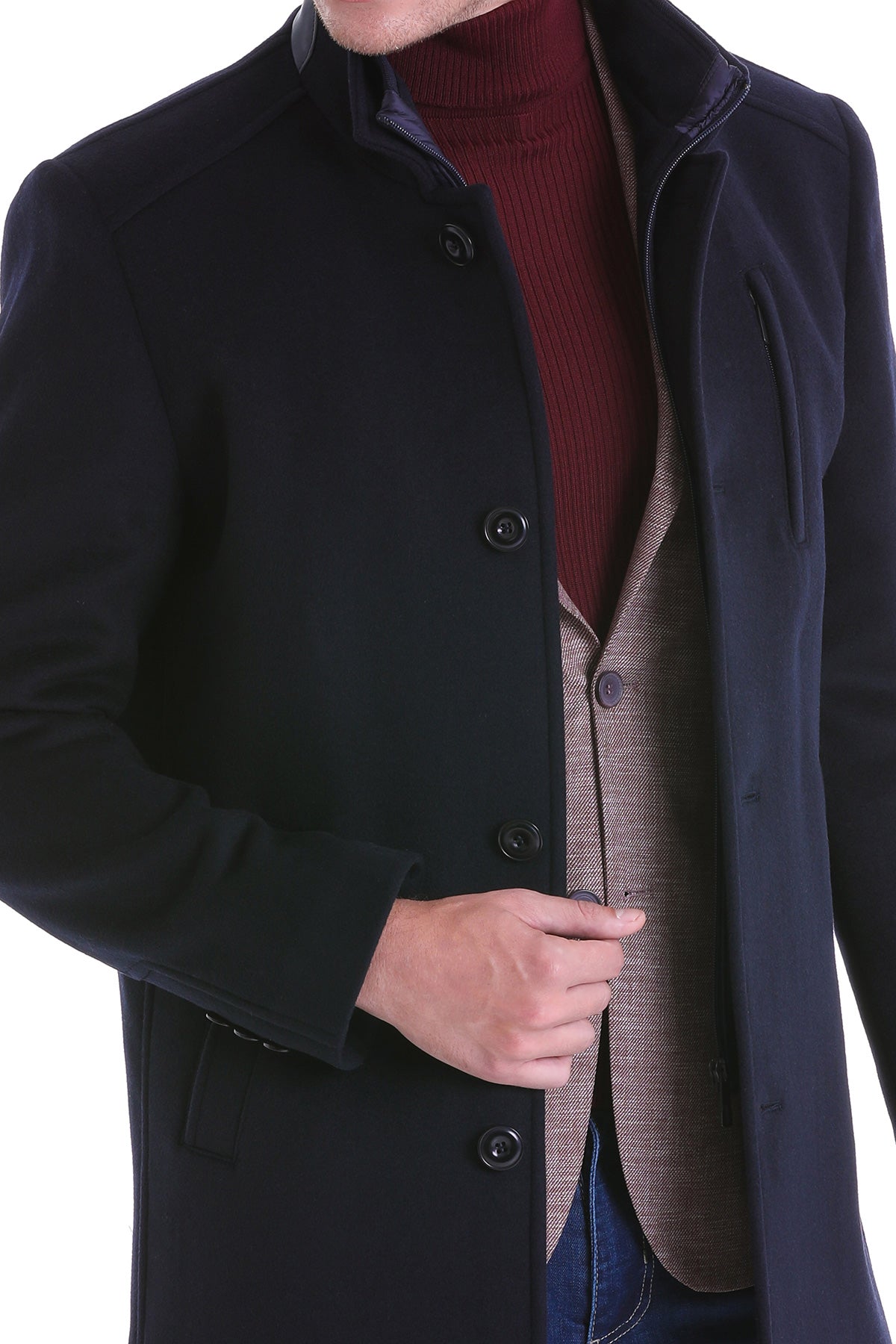 Slim Fit Zipper with Button Placket Navy Wool Blend Overcoat – SAYKI