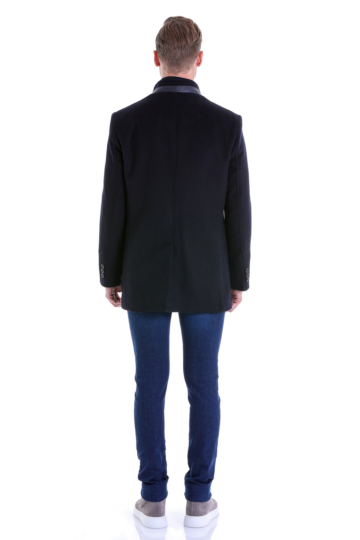 Slim Fit Zipper with Button Placket Navy Wool Blend Overcoat - SAYKI