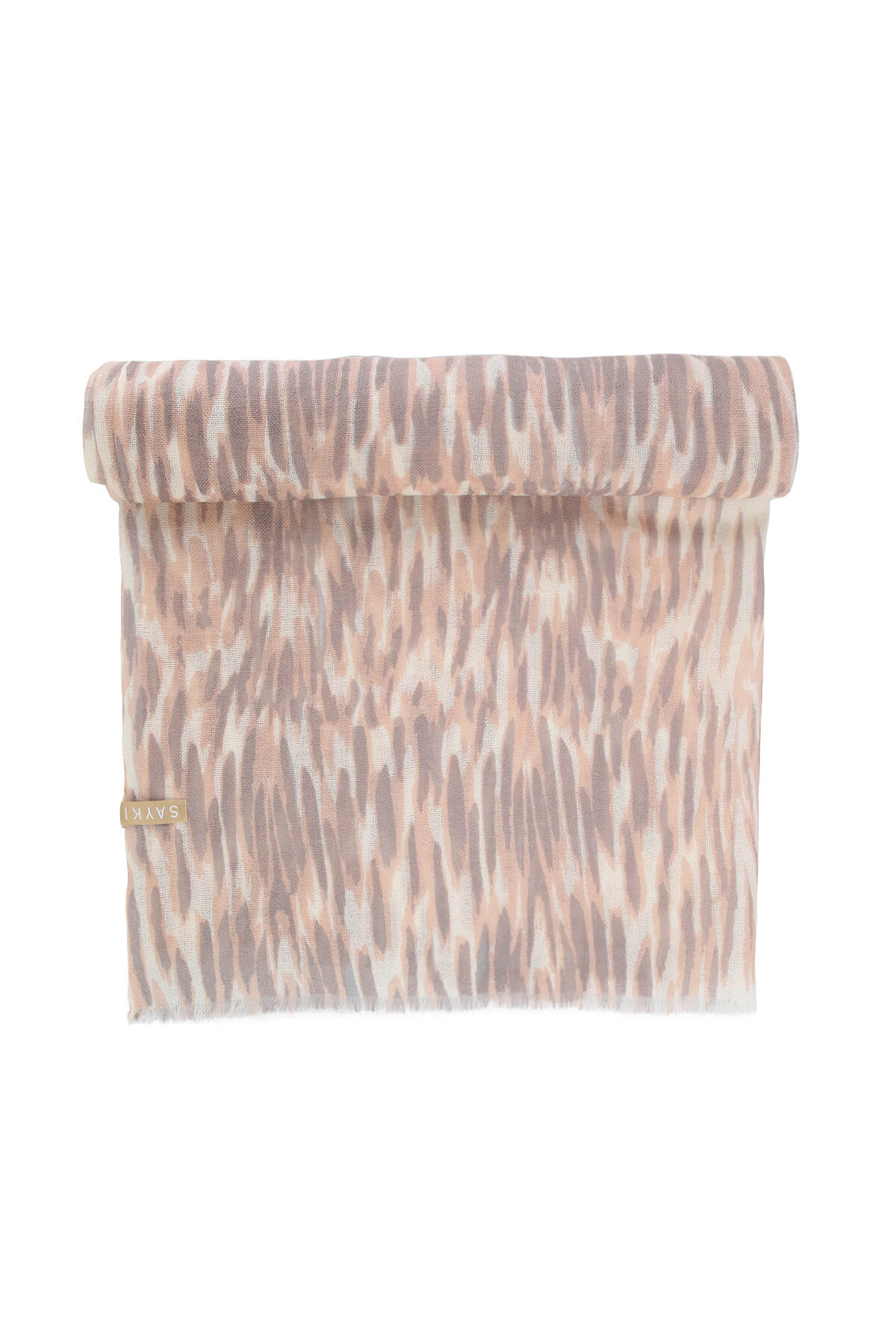 A soft, rolled-up pink and gray abstract patterned fabric scarf with a subtle textured weave.