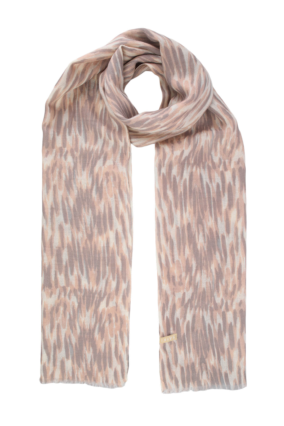 A soft, sheer scarf in a muted pink and gray abstract pattern.