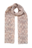 A soft, sheer scarf in a muted pink and gray abstract pattern.