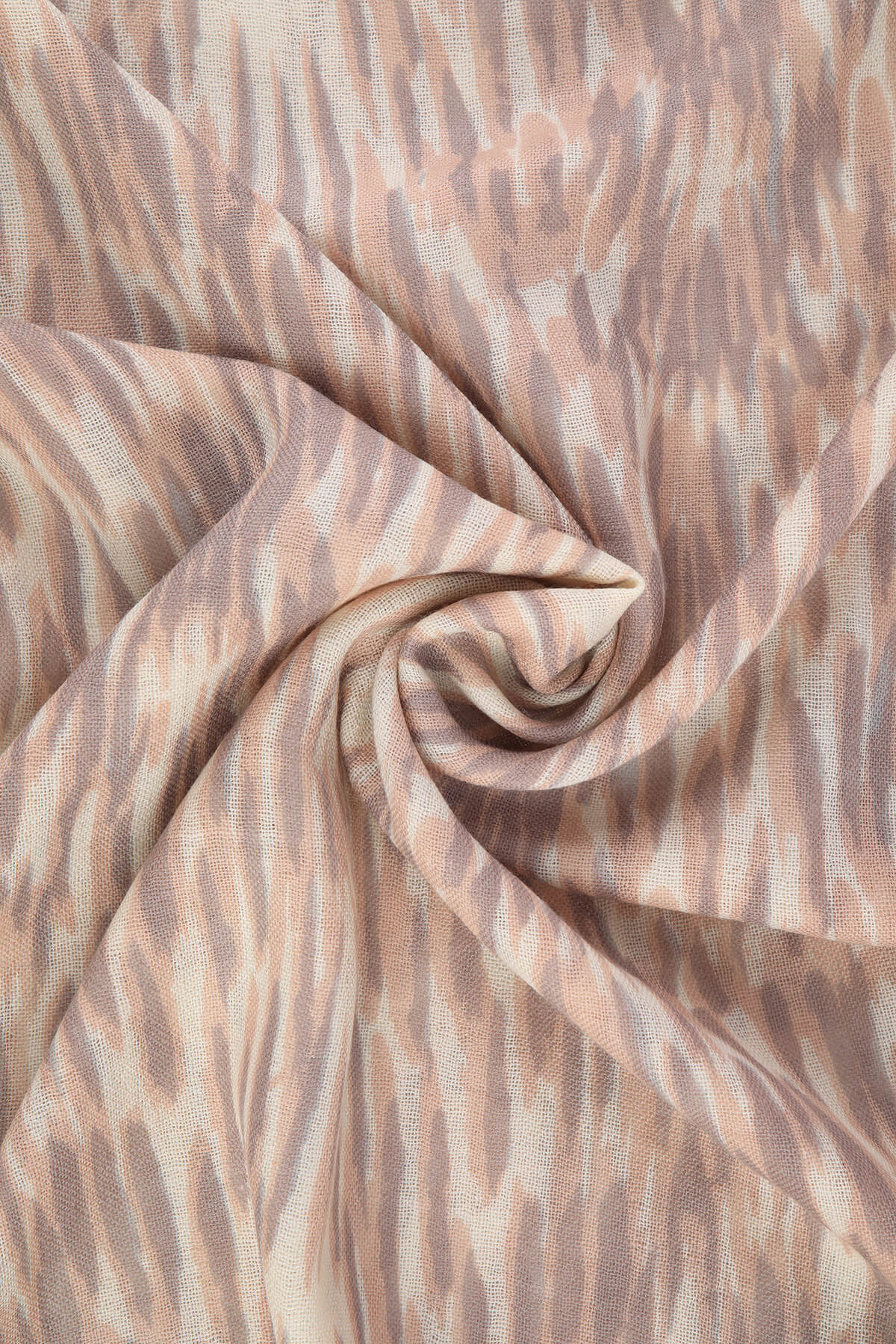 A soft, flowing scarf in a muted beige and taupe zebra-like pattern.