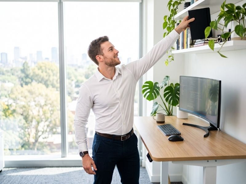 Man in a white stretch performance dress shirt reaching overhead at a standing desk without fabric pulling