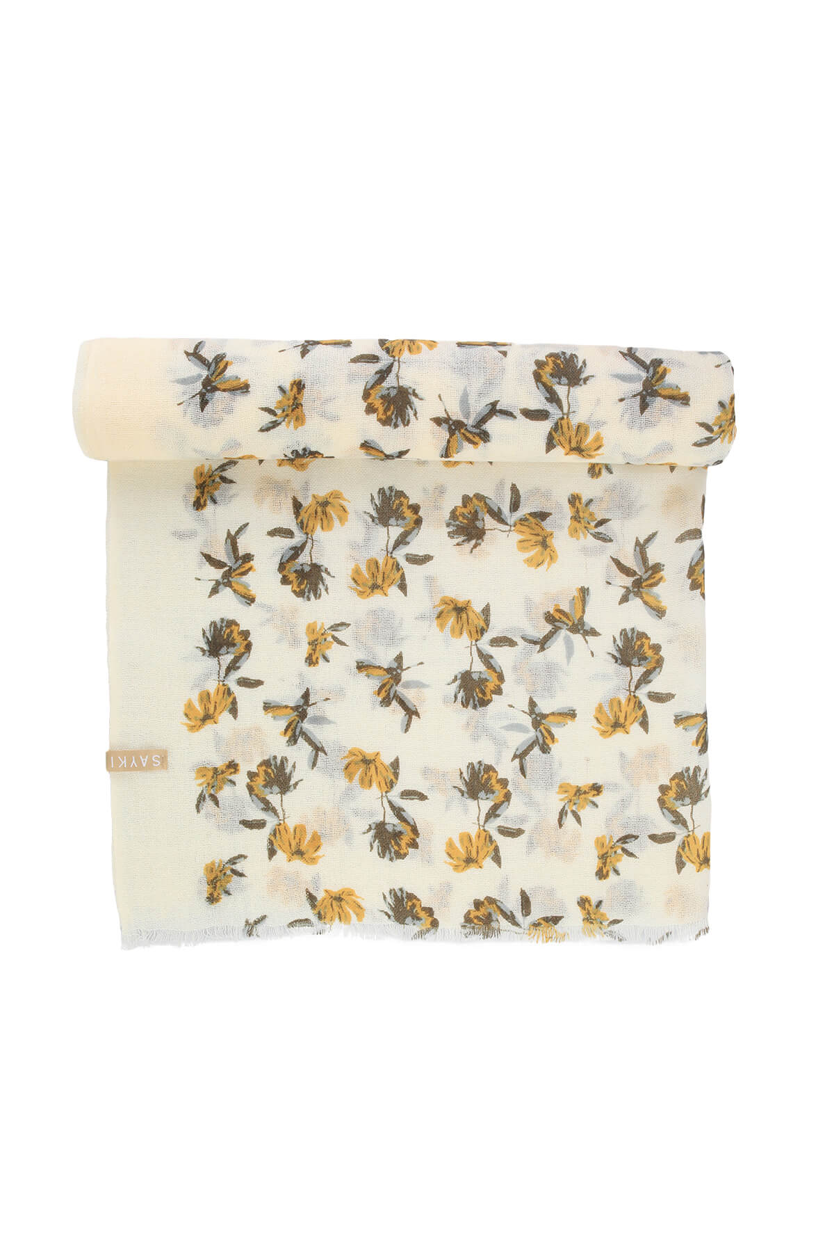 A soft, cream-colored scarf with a delicate floral pattern in shades of yellow and muted gray.