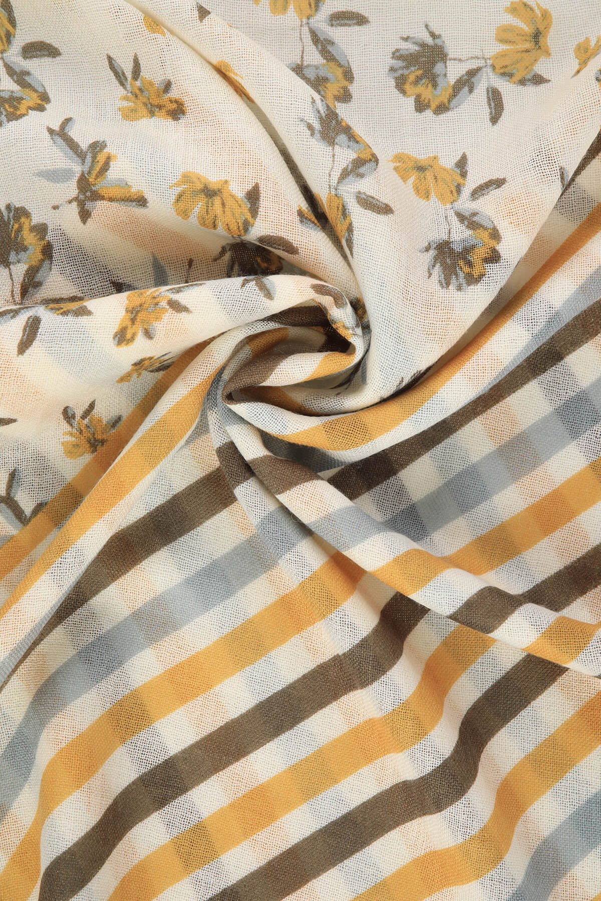 A soft, lightweight scarf featuring a delicate floral pattern in yellow and gray on an off-white background, paired with bold horizontal stripes of mustard yellow, brown, and light blue.