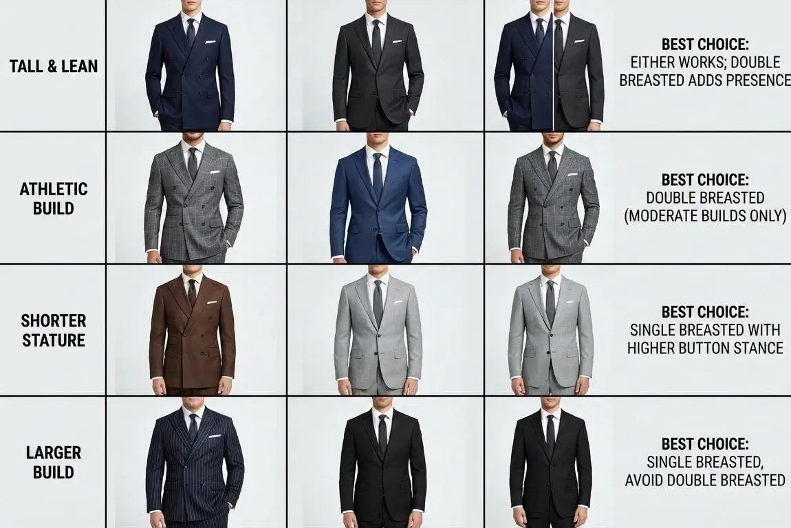 Suit fit and body type comparison chart showing single breasted and double breasted suit styles for tall and lean, athletic, shorter, and larger builds, with best fit recommendations.