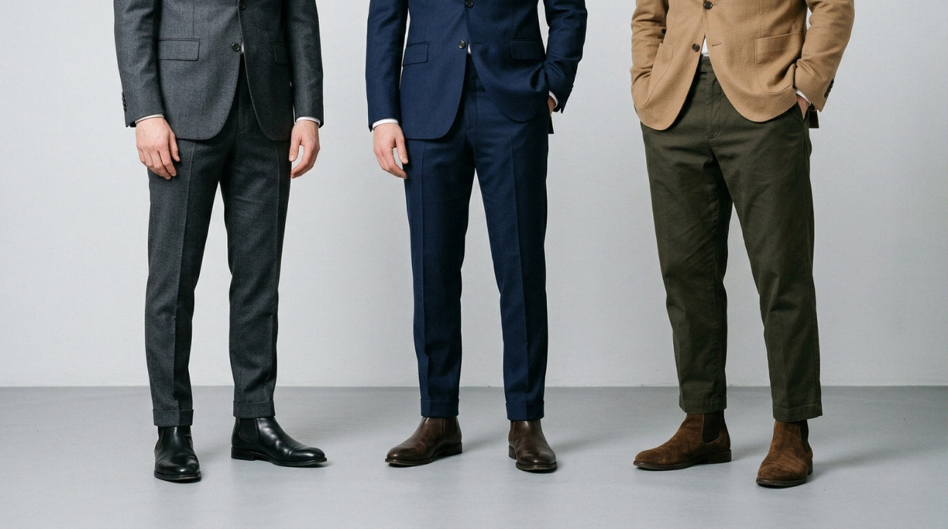 Three men showing different suit fits paired with Chelsea boots: slim-fit charcoal suit with black leather boots, modern-fit navy suit with dark brown leather boots, and relaxed broken suit with brown suede boots
