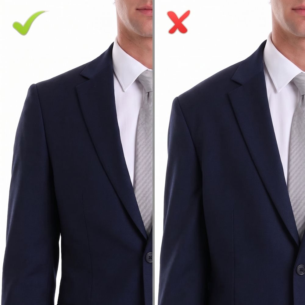 Side by side comparison of a navy suit jacket with a correct fit and one that is too large