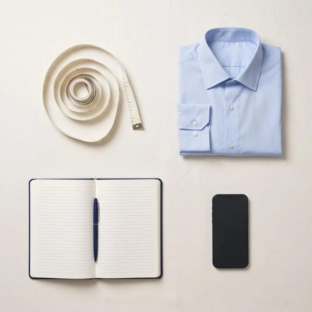 Tape measure, folded dress shirt, notebook, pen, and phone laid out for taking suit measurements