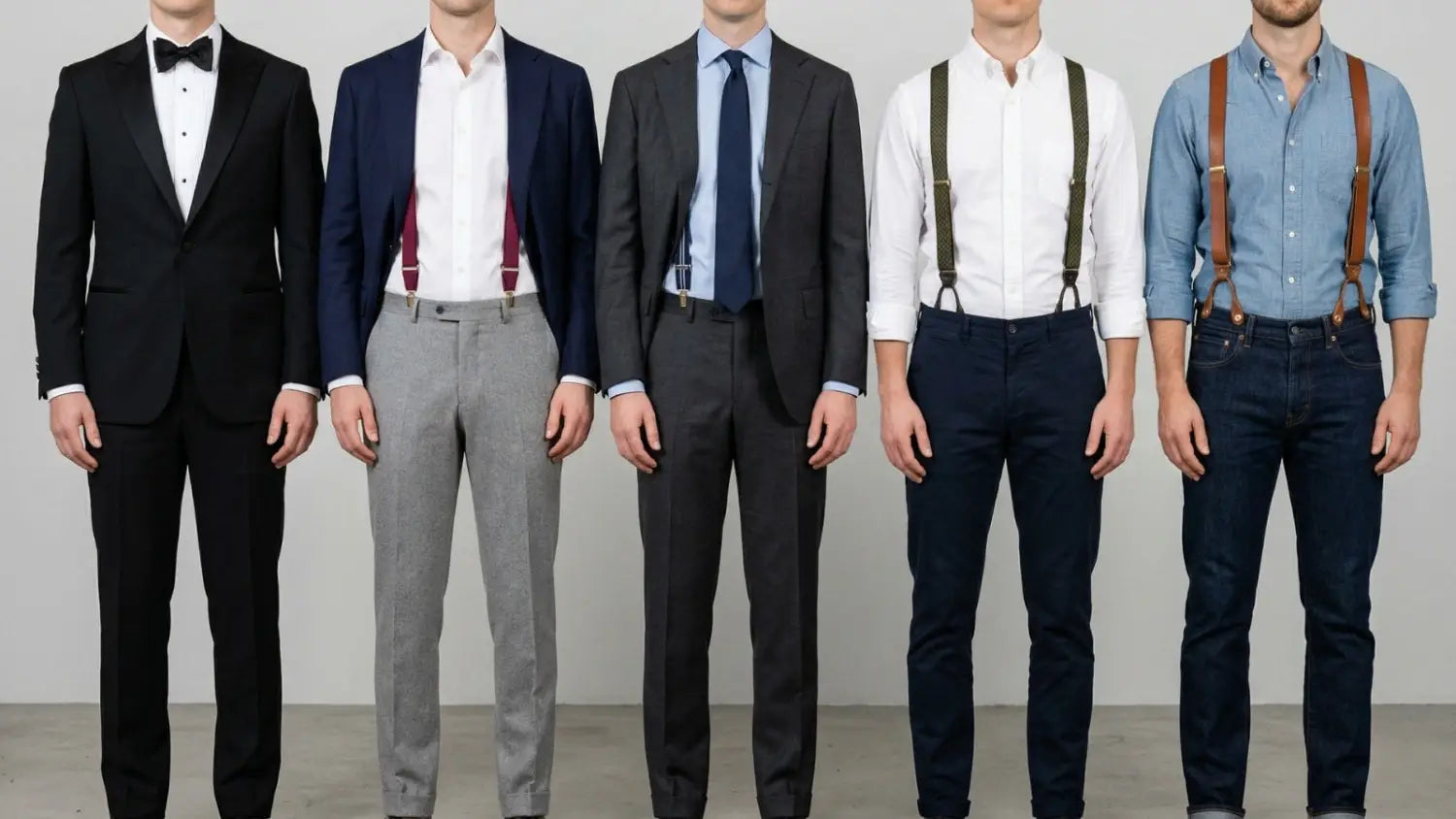 Five men showing how to wear suspenders across dress codes from black tie tuxedo to casual chambray shirt with leather suspenders
