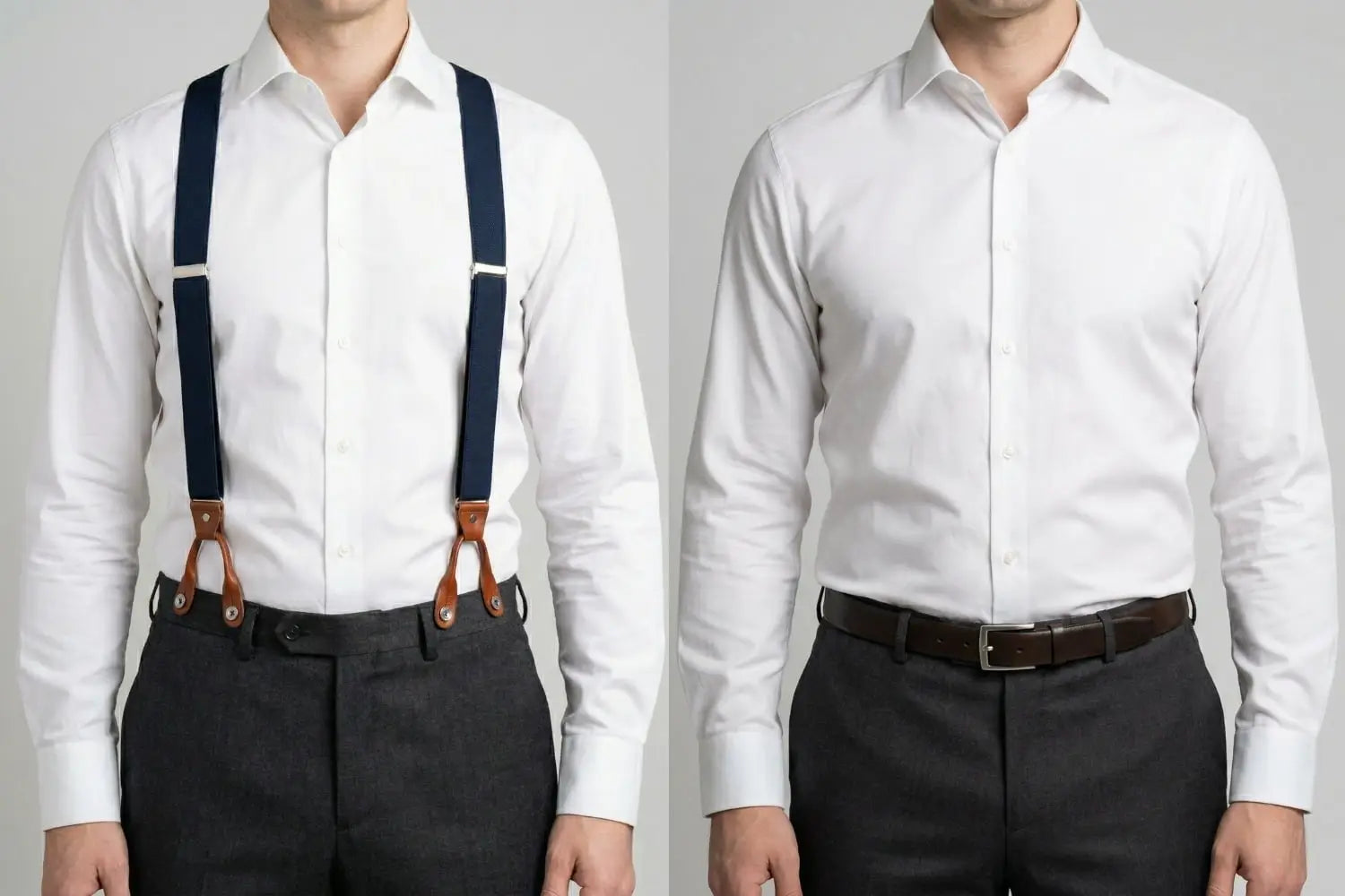 Side-by-side comparison of a man wearing navy suspenders with leather tabs versus a brown leather belt with the same white shirt and charcoal trousers