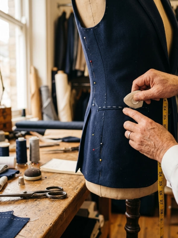 Tailor marking alteration lines with chalk on a navy suit jacket on a dress form with pins along the waist seam