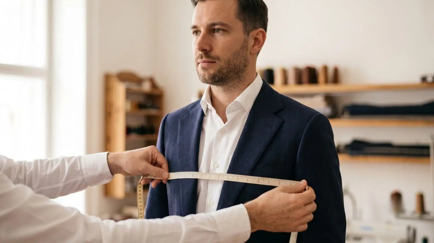 Tailor measuring a man's chest with a soft tape measure over a navy suit jacket