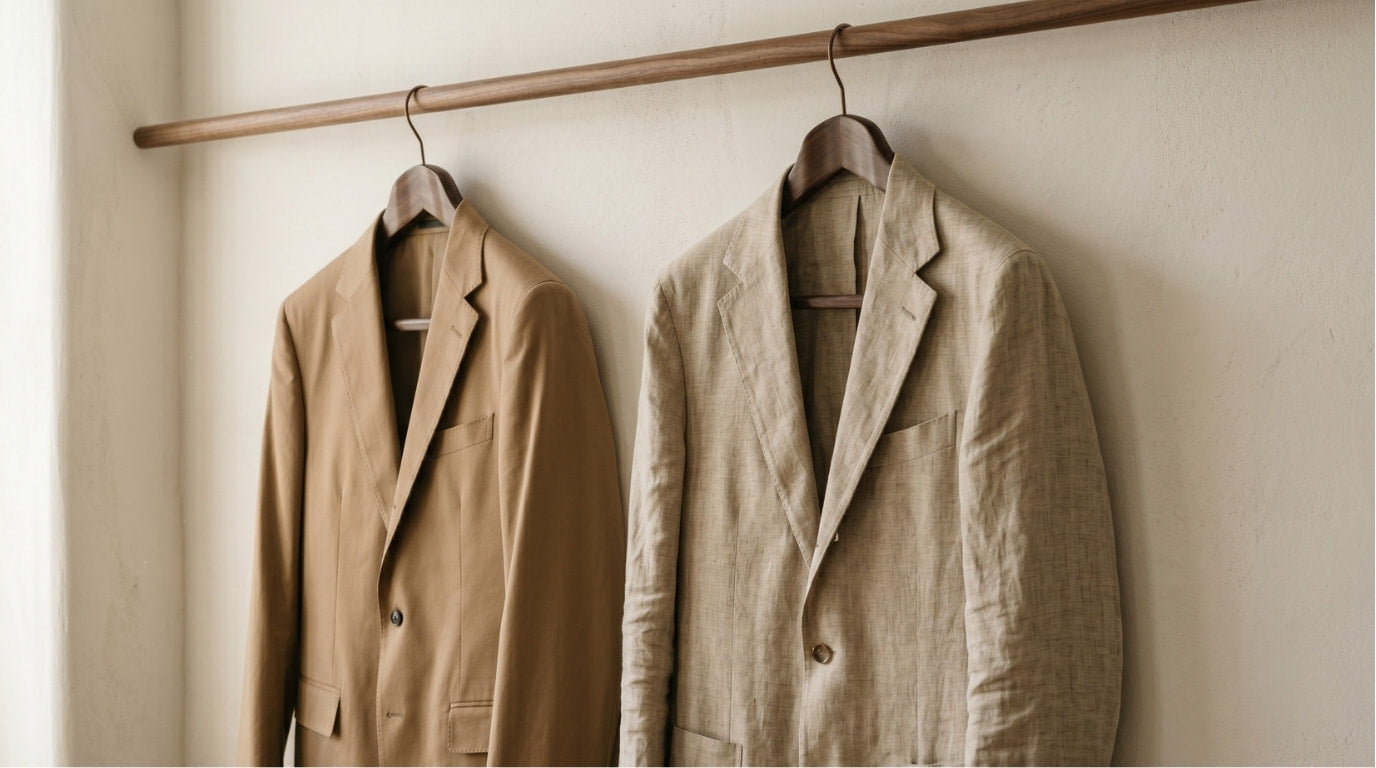 Tan cotton suit jacket and natural beige linen suit jacket hanging side by side on wooden hangers showing distinct summer suiting fabric textures