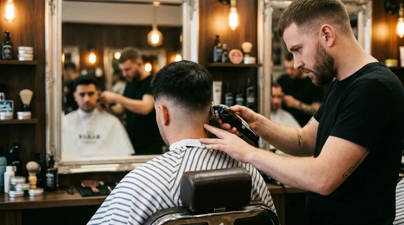 Barber using clippers to create a taper haircut on a client in a modern barbershop