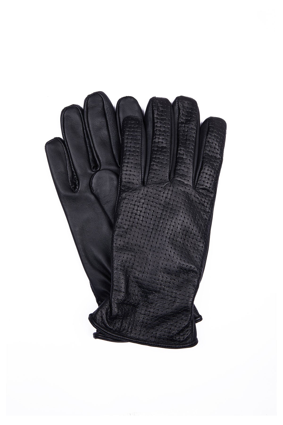Textured Black Leather Winter Gloves - MIB