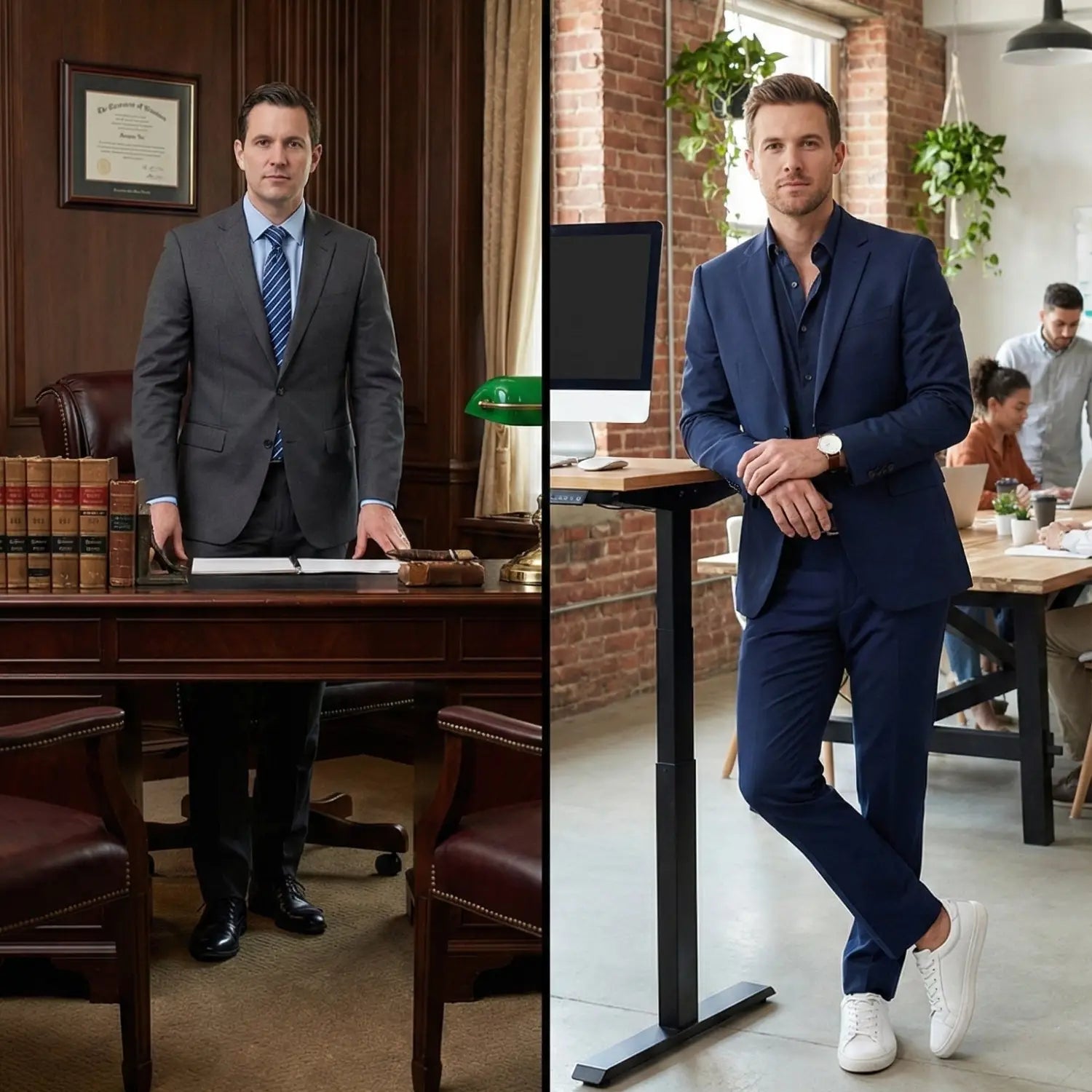 Split screen comparison of men’s suit styling in different workplaces, showing a traditional charcoal suit in a law office versus a modern navy suit with sneakers in a contemporary tech workspace.