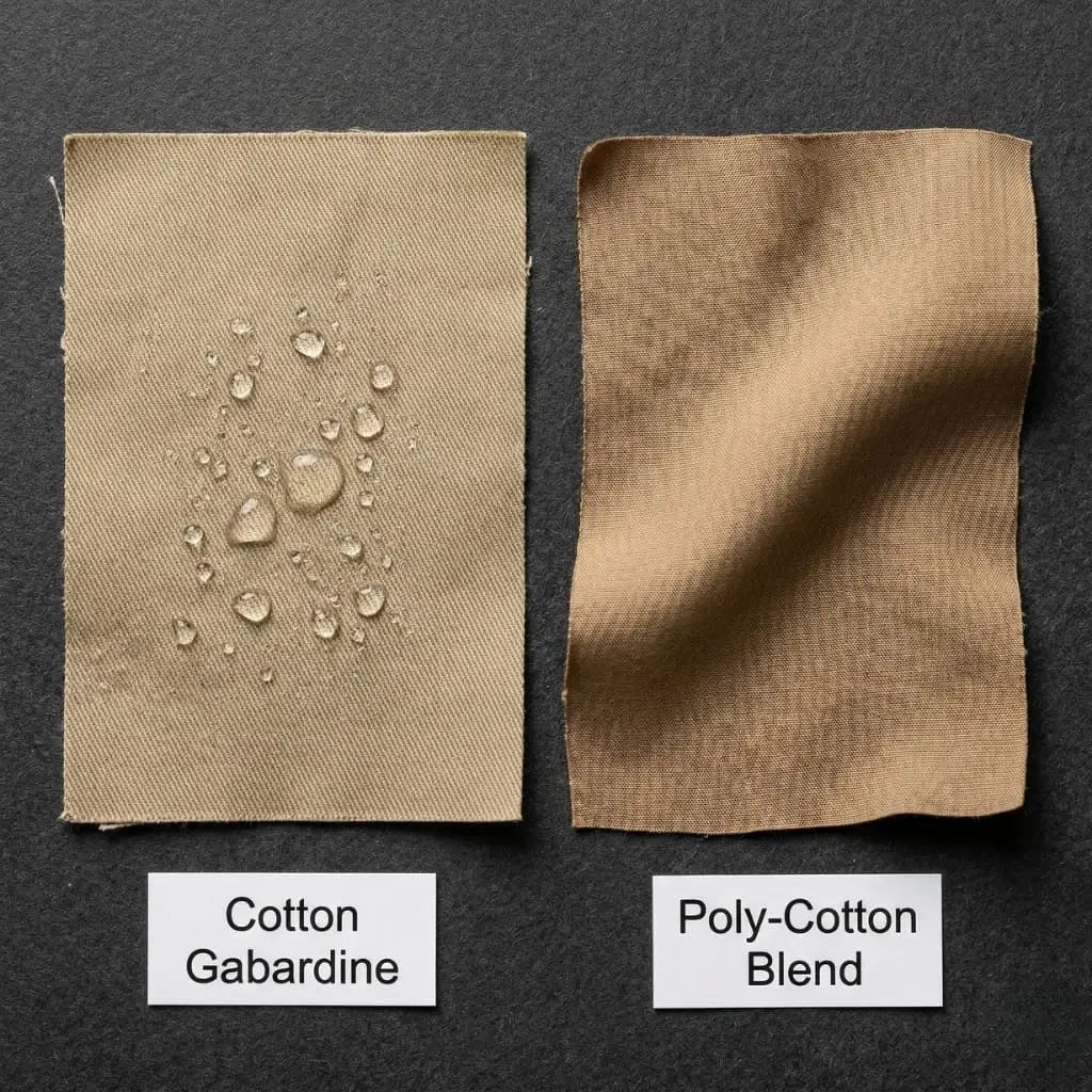 Close-up comparison of cotton gabardine and poly-blend trench coat fabrics showing tight weave patterns