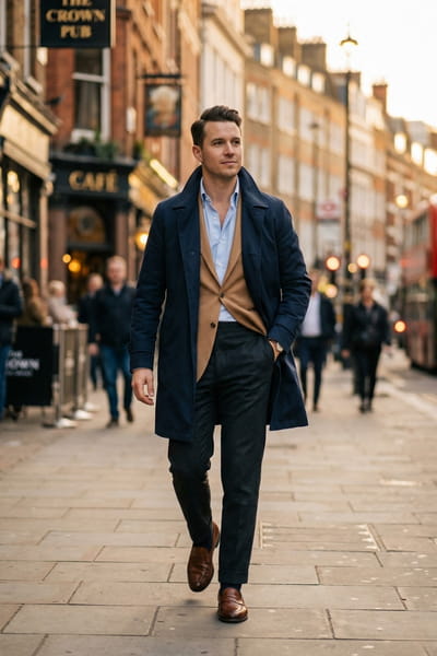 Man wearing an open navy trench coat over a camel blazer, light blue shirt, dark trousers, and brown loafers