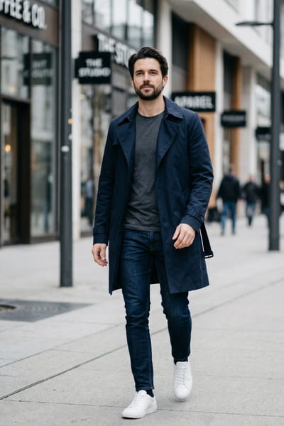 Man wearing a dark navy trench coat with a grey t-shirt, dark jeans, and white sneakers on a city sidewalk