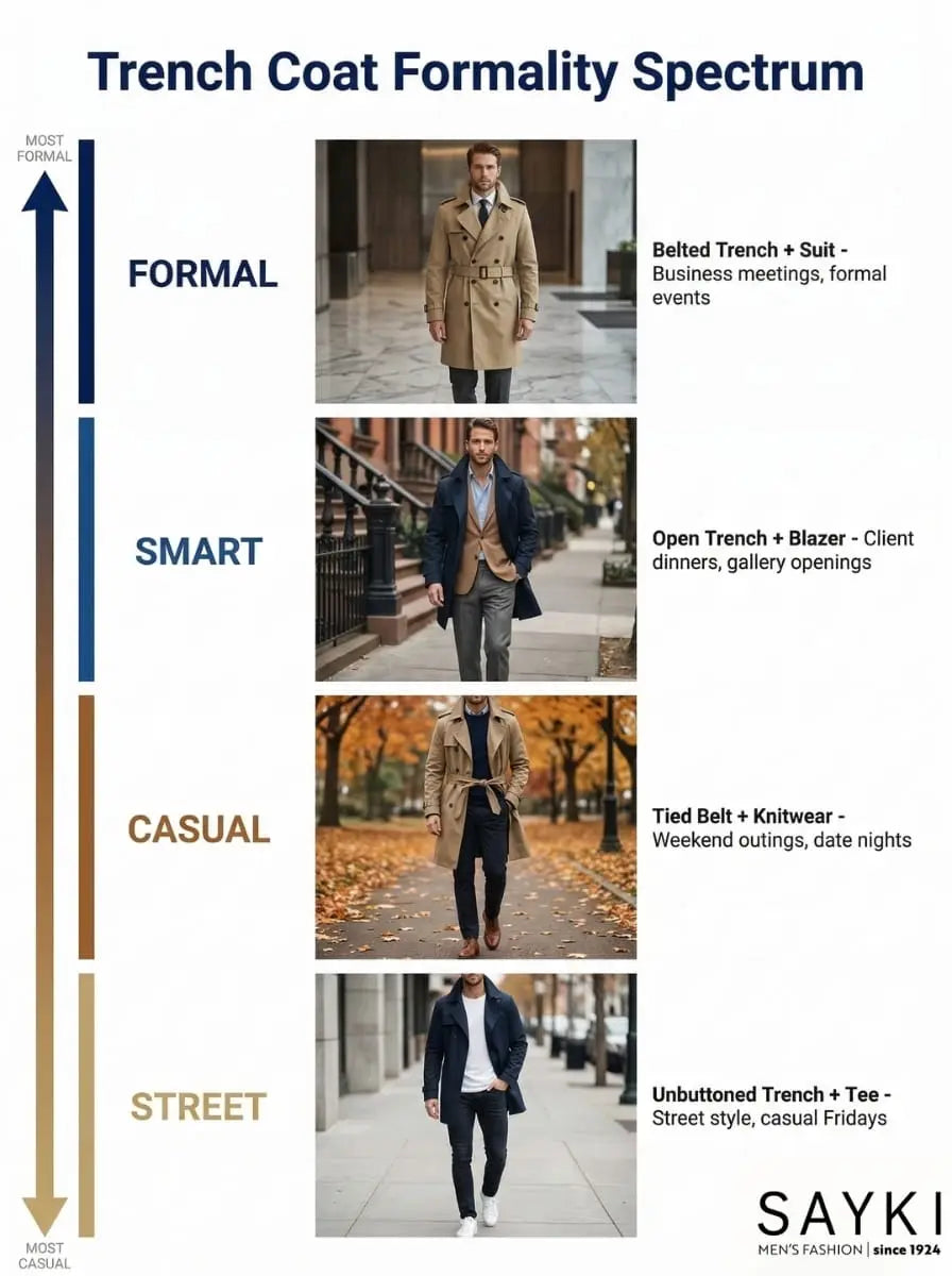 Trench coat formality spectrum guide showing four outfit levels from belted trench with suit to unbuttoned trench with T-shirt and jeans