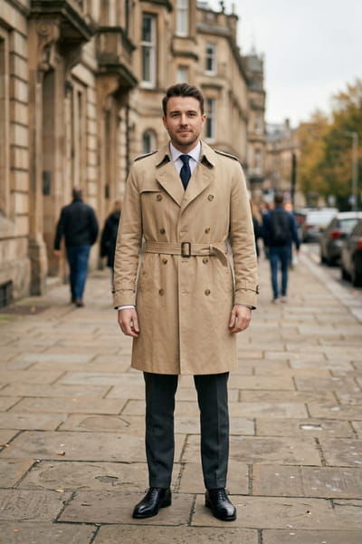 Man wearing a belted tan trench coat over a charcoal suit with a navy tie and black oxford shoes