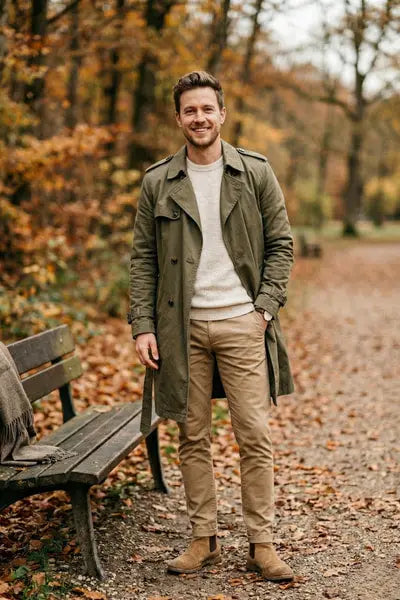 Man wearing an olive trench coat over a cream sweater, khaki chinos, and tan suede chelsea boots in a park