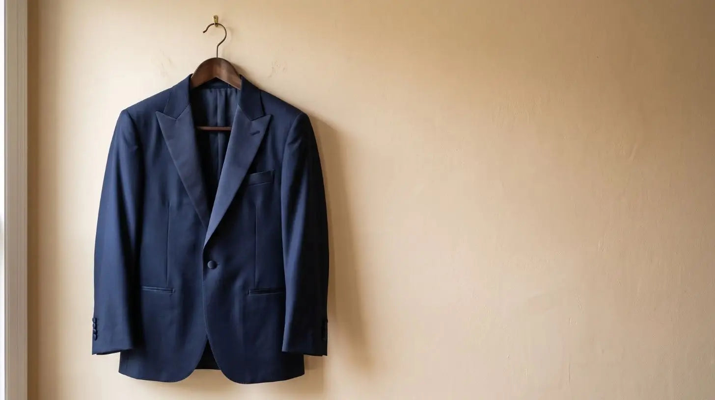 Navy tuxedo jacket with peak lapel hanging on a wooden hanger in a warm-lit fitting room