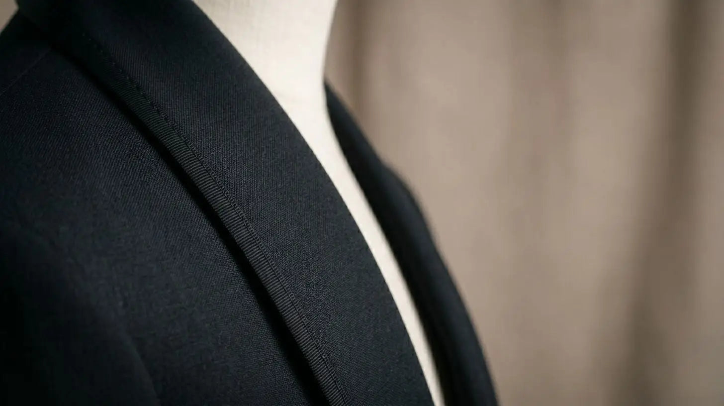 Close-up of a matte shawl-collar tuxedo jacket lapel and texture in deep black, showing weave and stitching, no face