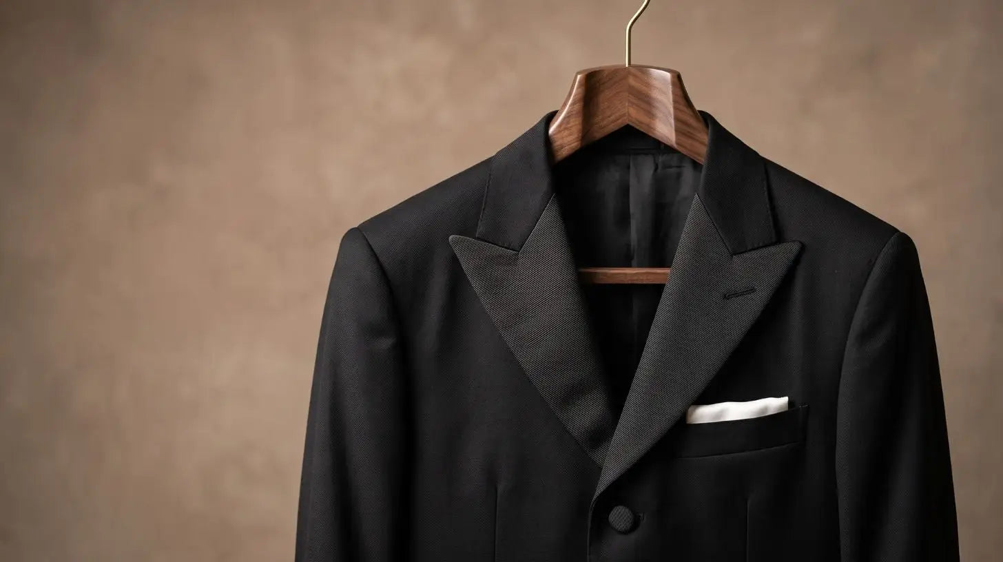 Black peak-lapel tuxedo jacket with satin trim displayed on a wooden hanger against a soft taupe backdrop