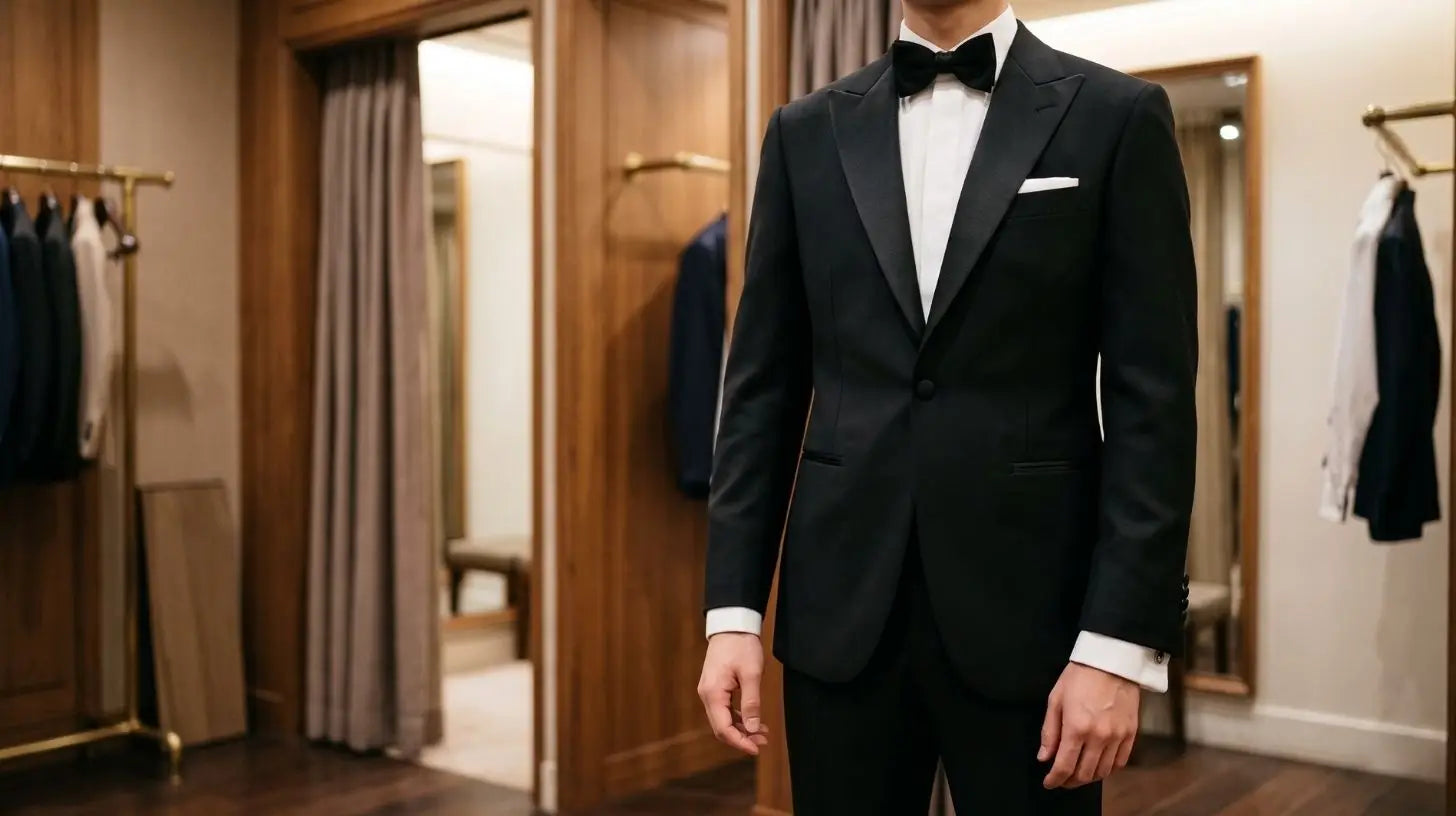 Young man in a slim-fit black tuxedo with peak lapel trying on jacket in a menswear store, collarbone-to-waist crop, no face, warm store lighting