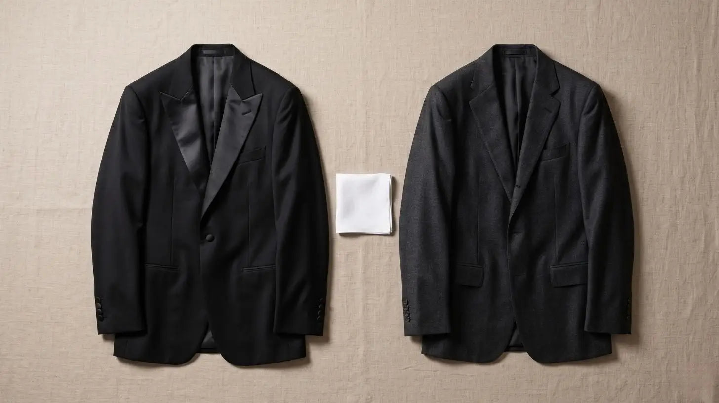 Side-by-side comparison of a black peak-lapel tuxedo and a charcoal suit on wooden hangers against a neutral background, satin lapel detail visible on tuxedo