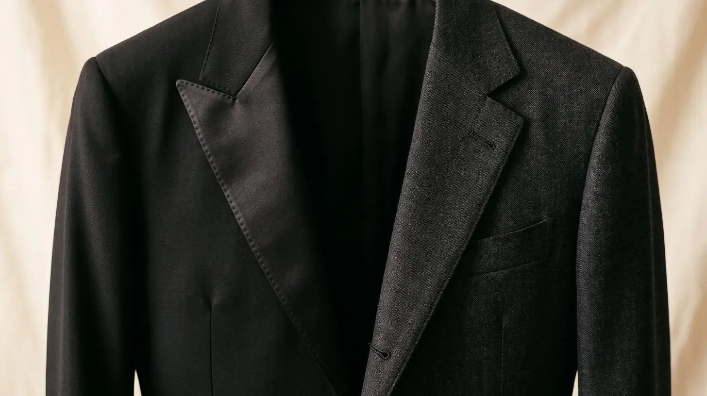 Black tuxedo jacket with satin peak lapel beside a charcoal wool suit jacket on wooden hangers, close-up detail of lapel difference, warm neutral background