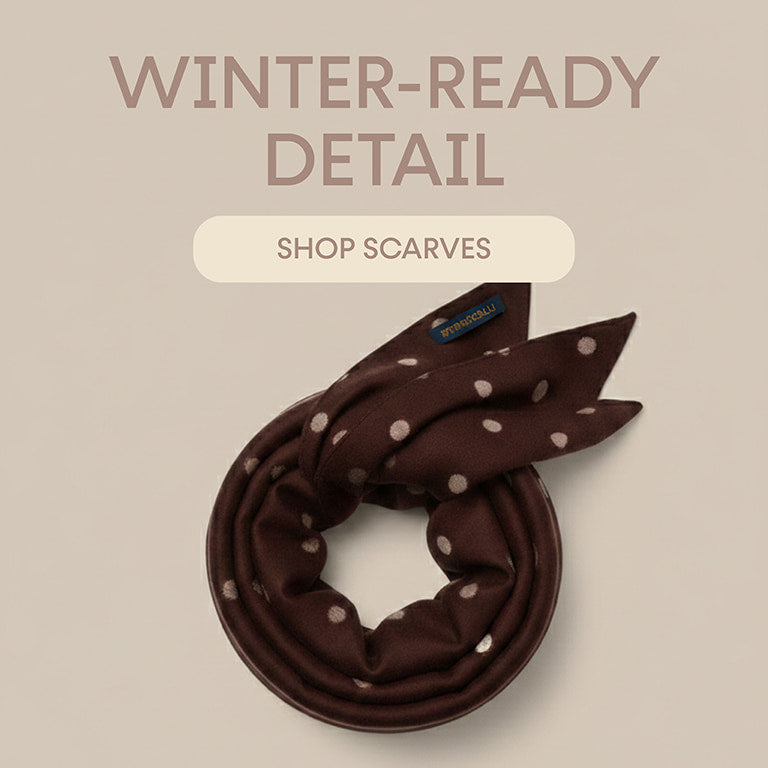 SAYKI brown patterned scarf styled as a winter-ready Valentine’s Day accessory