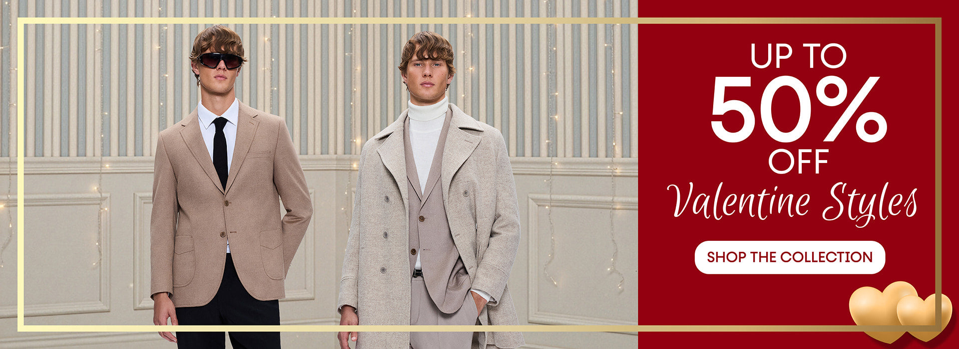 Two men wearing refined SAYKI outfits featured in a Valentine’s Day sale banner up to 50% off