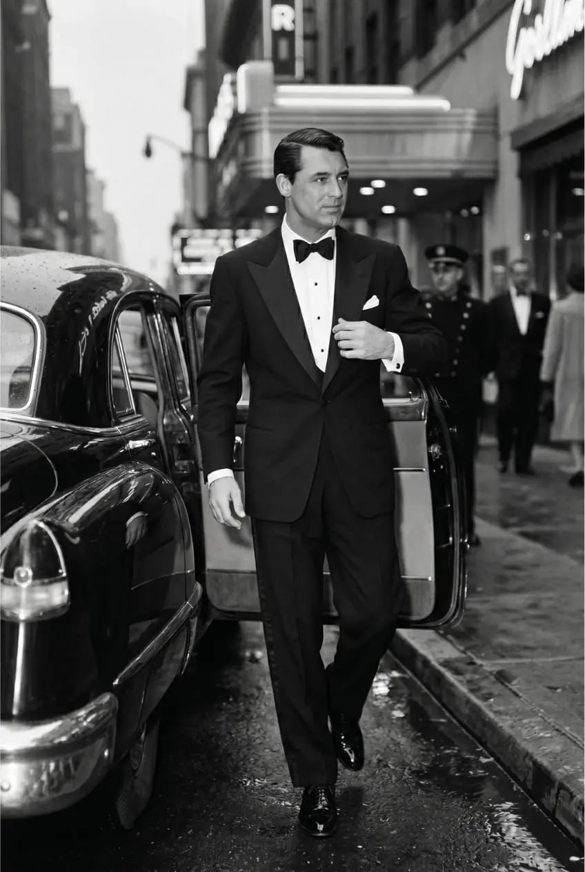 Vintage black and white photograph of a man in a classic black tuxedo with satin peak lapel and pant stripe stepping out of a luxury automobile in front of a New York supper club entrance, captured in the documentary style of late 1940s formal photography
