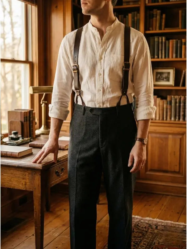 Man wearing dark leather suspenders with a collarless cream shirt and charcoal wool trousers in a vintage wood-paneled library